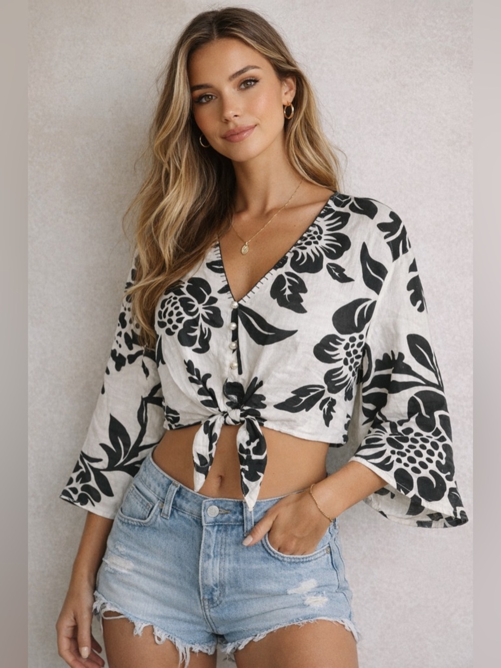Calypso St. Barth NWT Linen Blend Floral Tie Front Crop Top Medium Boho